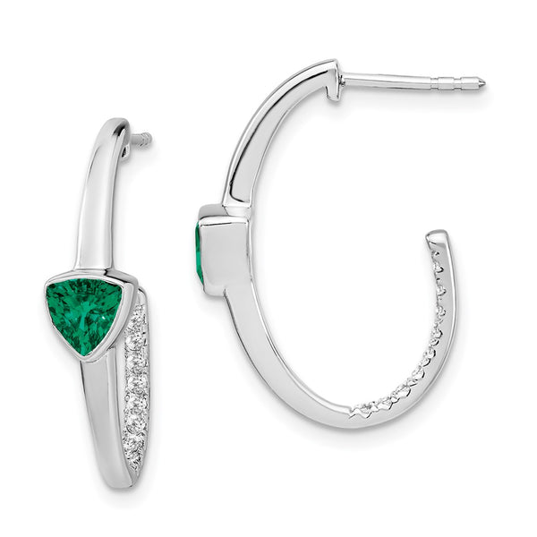 14k White Gold Trillion Created Emerald/Diamond J-hoop Earrings-WBC-EM7216-EM-018-WA