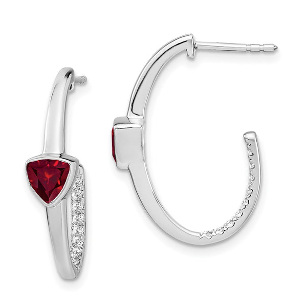 14k White Gold Trillion Created Ruby and Diamond J-hoop Earrings-WBC-EM7216-RU-018-WA