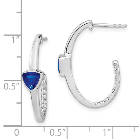 14k White Gold Trillion Created Sapphire/Diamond J-hoop Earrings-WBC-EM7216-SA-018-WA