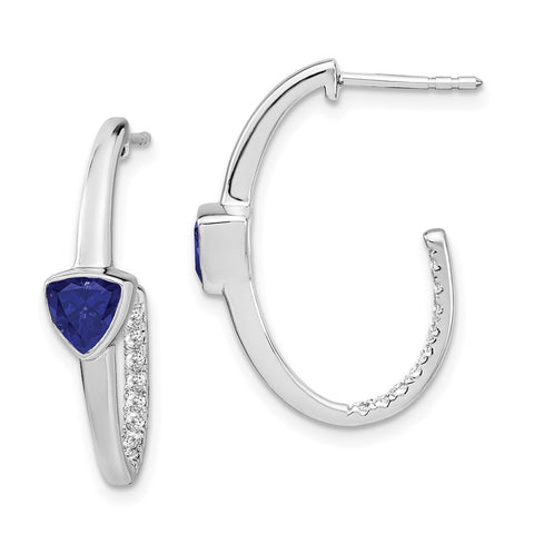 14k White Gold Trillion Created Sapphire/Diamond J-hoop Earrings-WBC-EM7216-SA-018-WA