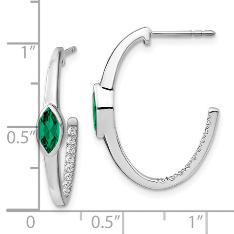 14k White Gold Marquise Created Emerald/Diamond J-hoop Earrings-WBC-EM7217-EM-018-WA