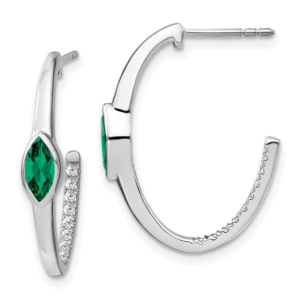 14k White Gold Marquise Created Emerald/Diamond J-hoop Earrings-WBC-EM7217-EM-018-WA