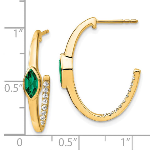 14k Marquise Created Emerald and Diamond J-hoop Earrings-WBC-EM7217-EM-018-YA