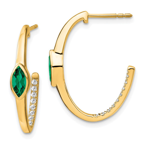 14k Marquise Created Emerald and Diamond J-hoop Earrings-WBC-EM7217-EM-018-YA