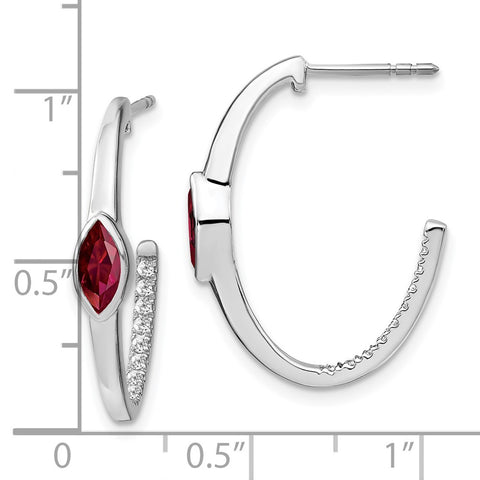 14k White Gold Marquise Created Ruby/Diamond J-hoop Earrings-WBC-EM7217-RU-018-WA