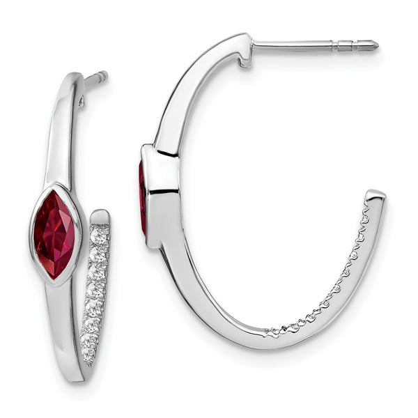 14k White Gold Marquise Created Ruby/Diamond J-hoop Earrings-WBC-EM7217-RU-018-WA