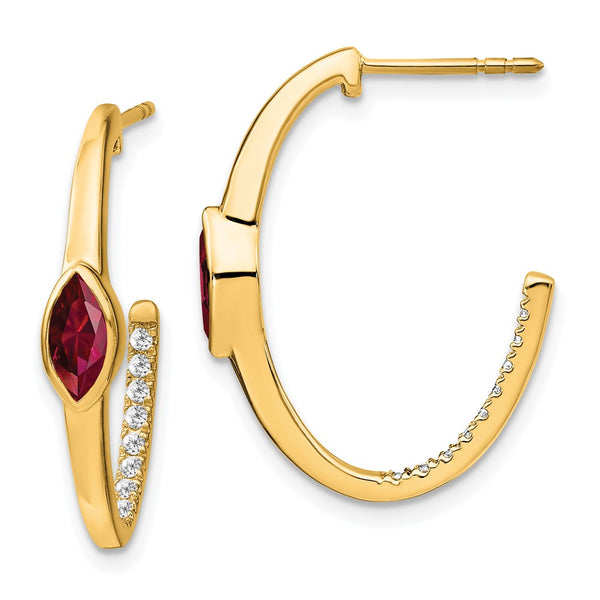 14k Marquise Created Ruby and Diamond J-hoop Earrings-WBC-EM7217-RU-018-YA