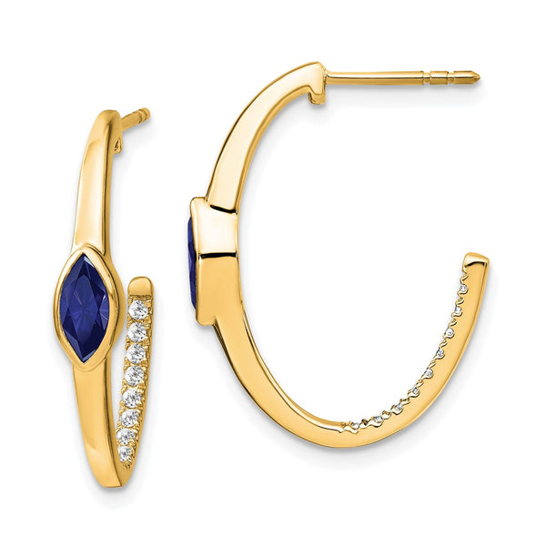 14k Marquise Created Sapphire and Diamond J-hoop Earrings-WBC-EM7217-SA-018-YA