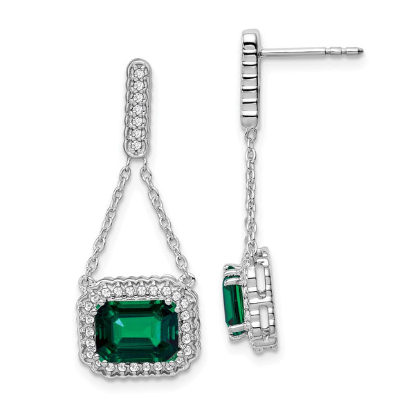 14k White Gold Created Emerald and Diamond Dangle Earrings-WBC-EM7227-EM-033-WA