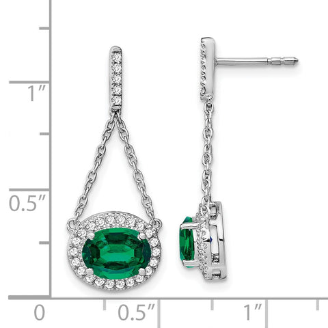 14k White Gold Oval Created Emerald and Diamond Dangle Earrings-WBC-EM7228-EM-033-WA