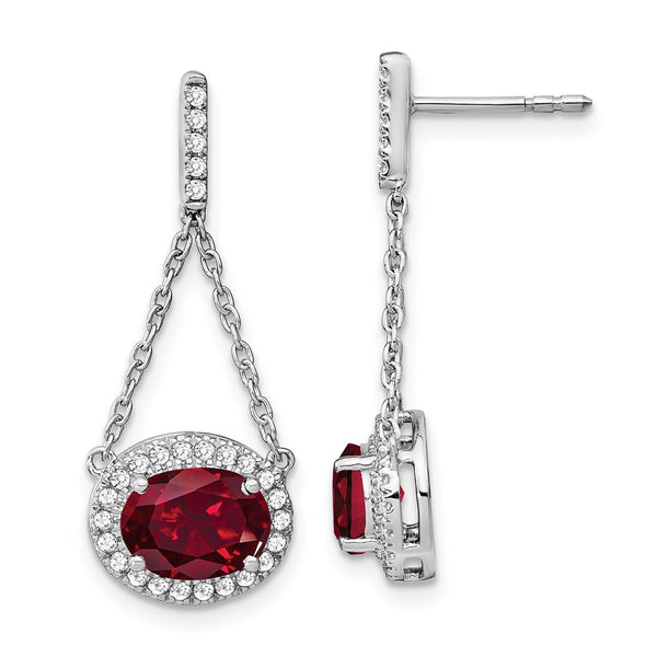 14k White Gold Oval Created Ruby and Diamond Dangle Earrings-WBC-EM7228-RU-033-WA