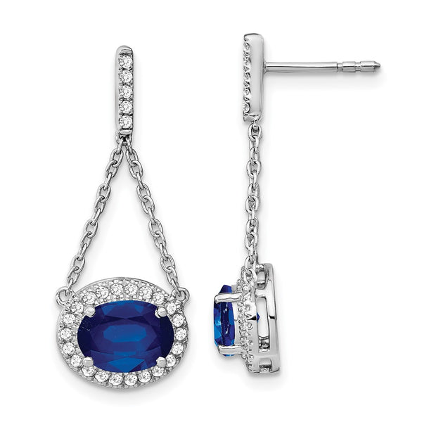 14k White Gold Oval Created Sapphire and Diamond Dangle Earrings-WBC-EM7228-SA-033-WA