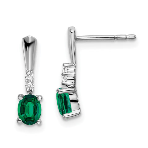 14k White Gold Oval Created Emerald and Diamond Dangle Earrings-WBC-EM7407-CEM-004-WA