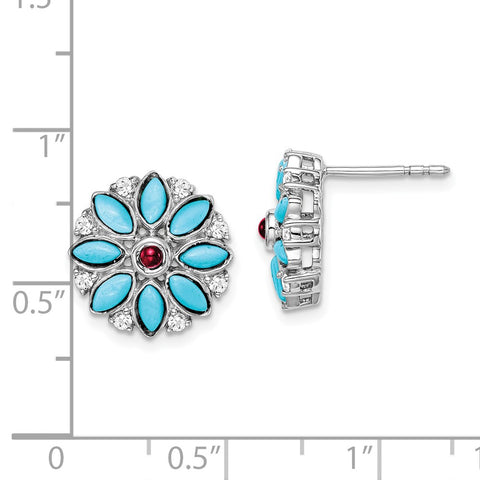 14k White Gold Turquoise/Creat. Ruby/Wht. Topaz Floral Earrings-WBC-EM7423-BTQ/CRU-W