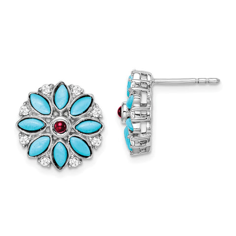 14k White Gold Turquoise/Creat. Ruby/Wht. Topaz Floral Earrings-WBC-EM7423-BTQ/CRU-W