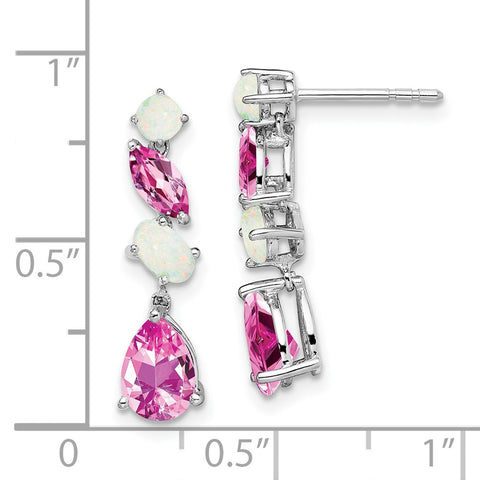 14k White Gold Created Pink Sapphire and Opal Dangle Earrings-WBC-EM7458-CPS/OP-W