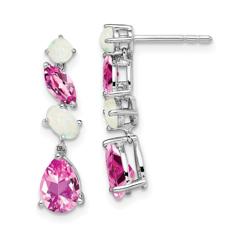 14k White Gold Created Pink Sapphire and Opal Dangle Earrings-WBC-EM7458-CPS/OP-W