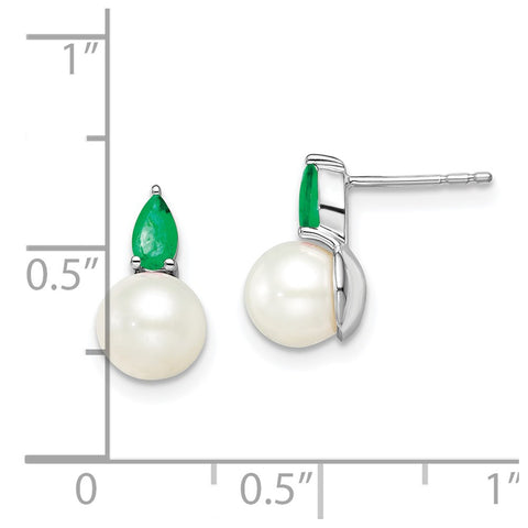 14k White Gold FWC Pearl and Emerald Post Earrings-WBC-EM8094-EM-W