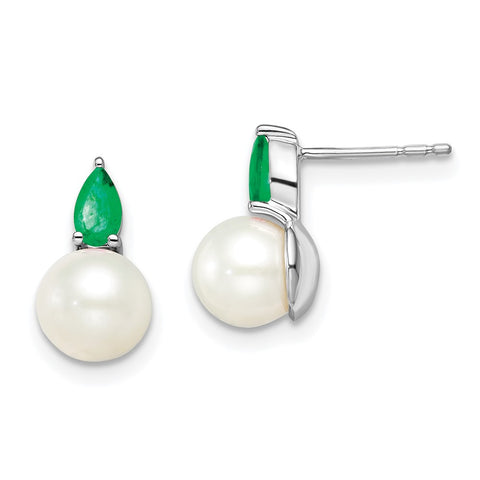 14k White Gold FWC Pearl and Emerald Post Earrings-WBC-EM8094-EM-W