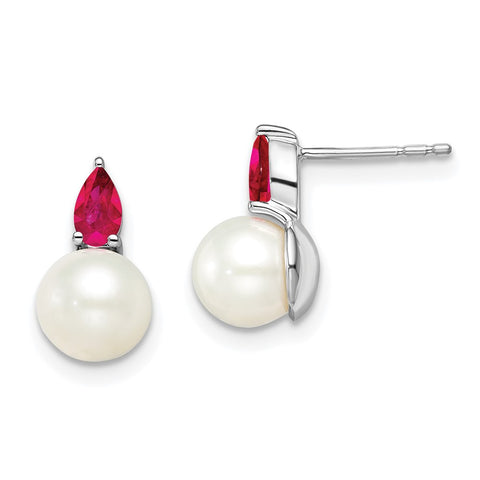 14k White Gold FWC Pearl and Ruby Post Earrings-WBC-EM8094-RU-W