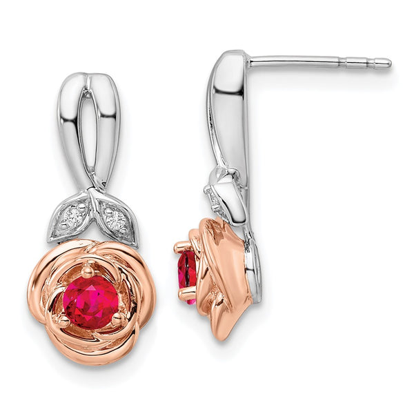 14K Two-tone White & Rose Ruby and Diamond Flower Post Earrings-WBC-EM8266-RU-003-WRA