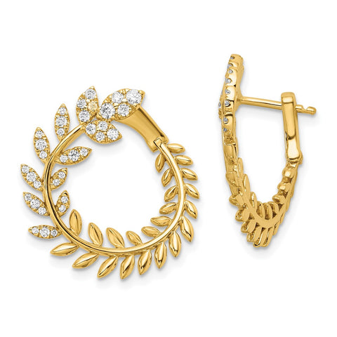 14k Polished Diamond Leaf Design Hoop Earrings-WBC-EM8378-050-YA