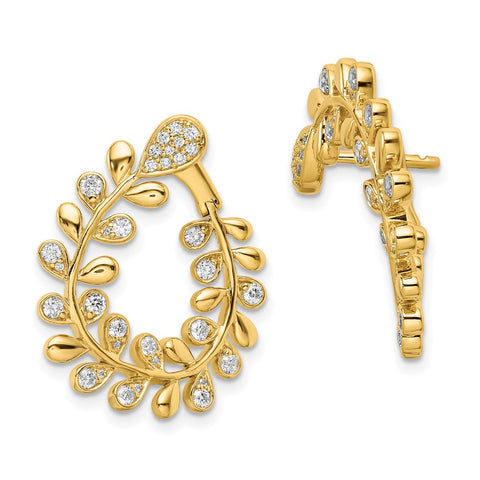 14k Polished Diamond Leaf Design Hoop Earrings-WBC-EM8379-100-YA