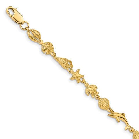 14K Gold Polished and Textured Sea Life Bracelet-WBC-FB1443-7.25
