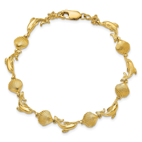 14K Dolphin and Shell Bracelet-WBC-FB1610-7.25