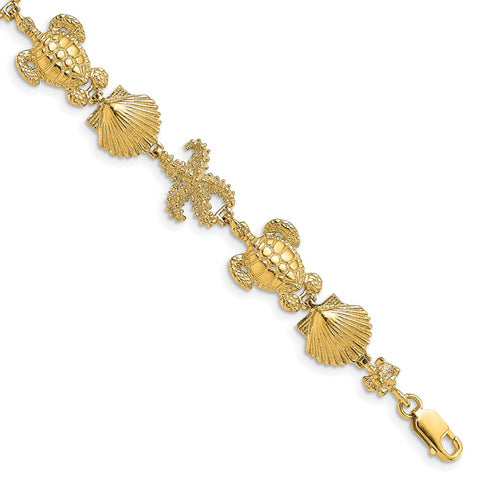 14K Polished Turtle, Shell and Starfish Bracelet-WBC-FB1754-7.5