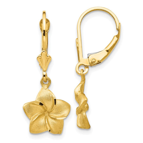 14k Satin & Diamond-Cut Plumeria Dangle Leverback Earrings-WBC-FB561E