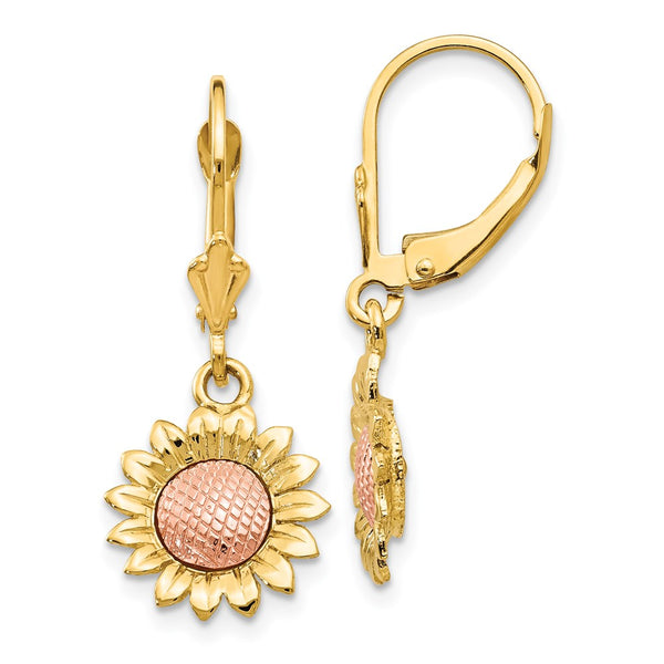 14k Two-tone Polished Sunflower Dangle Leverback Earrings-WBC-FB577E