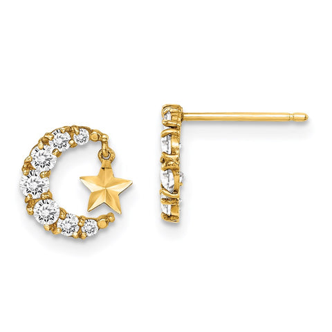 14k Madi K CZ Crescent Moon with D/C Star Dangle Post Earrings-WBC-GK1028