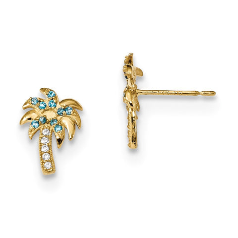 14k Madi K Blue & Clear CZ Palm Tree Post Earrings-WBC-GK911