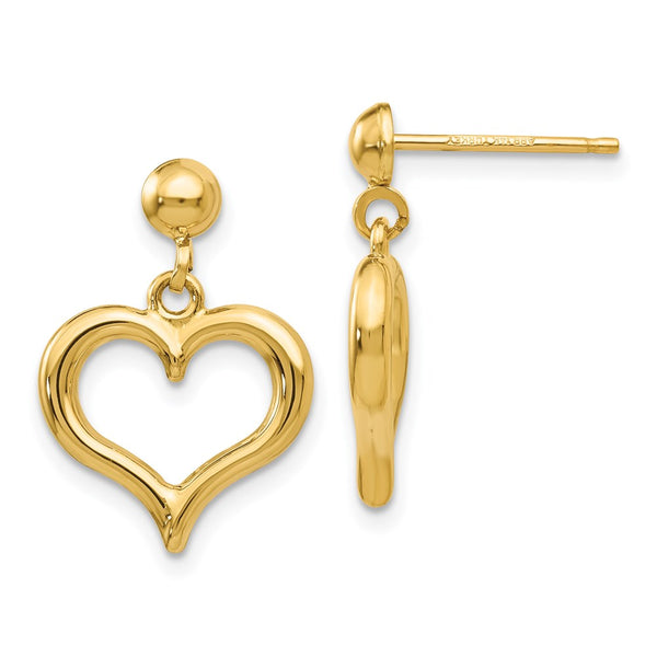 14K Gold Polished Heart Post Dangle Earrings-WBC-H1071