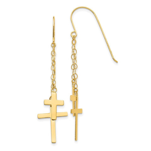 14K Chain Dangle Cross Shepherd Hook Earrings-WBC-H1089
