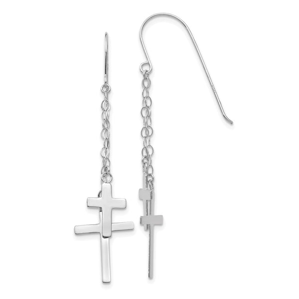 14K White Gold Chain Dangle Cross Shepherd Hook Earrings-WBC-H1090