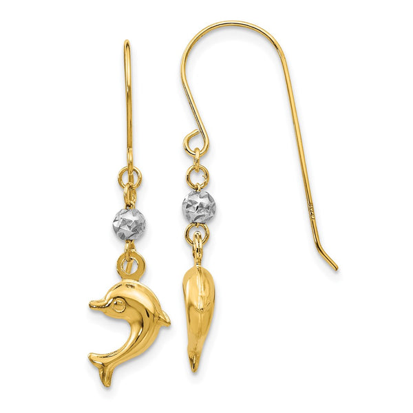 14K Two Toned Puffed Dolphin Shepherd Hook Earrings-WBC-H1133