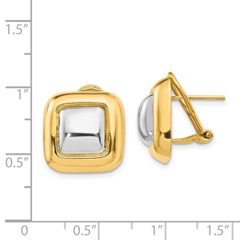 14k Polished & Rhodium Square Omega Back Post Earrings-WBC-H745