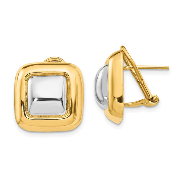 14k Polished & Rhodium Square Omega Back Post Earrings-WBC-H745