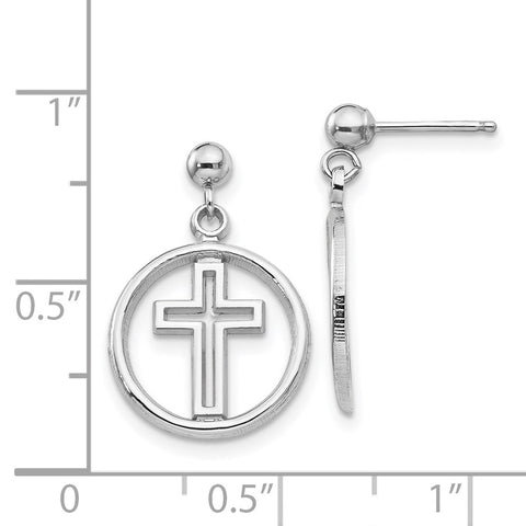 14k White Gold Polished Eternal Life Cross Dangle Post Earrings-WBC-K108