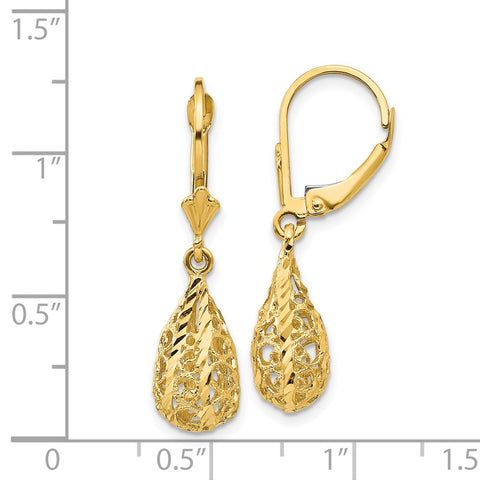 14k Polished & Diamond-Cut Filigree Dangle Leverback Earrings-WBC-K116