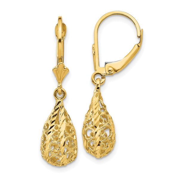 14k Polished & Diamond-Cut Filigree Dangle Leverback Earrings-WBC-K116