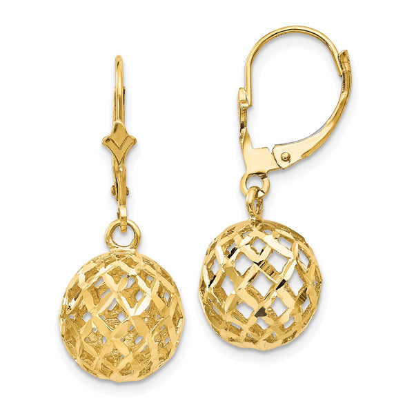 14k Polished & Diamond-Cut Mesh Ball Dangle Leverback Earrings-WBC-K118