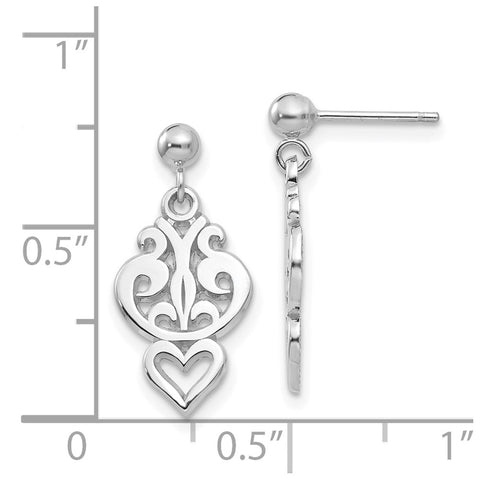 14k White Gold Filigree Heart Dangle Earrings-WBC-K1386