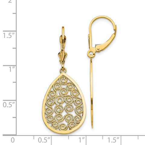 14k Teardrop Filigree Dangle Leverback Earrings-WBC-K1394