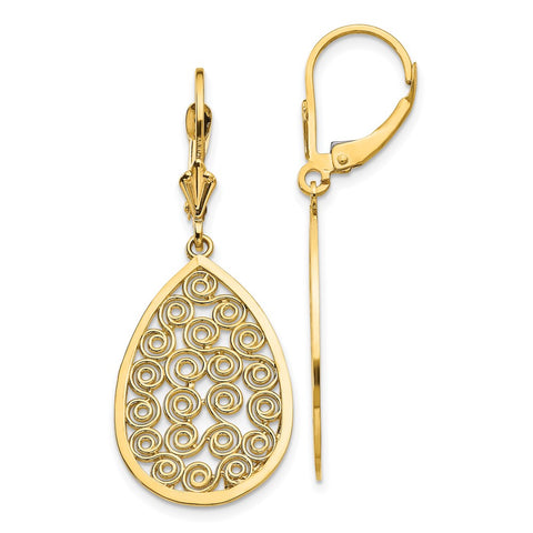 14k Teardrop Filigree Dangle Leverback Earrings-WBC-K1394