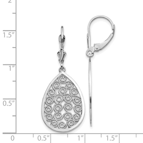 14k White Gold Teardrop Filigree Dangle Leverback Earrings-WBC-K1395