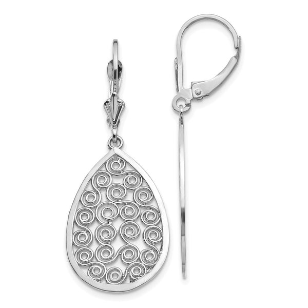 14k White Gold Teardrop Filigree Dangle Leverback Earrings-WBC-K1395