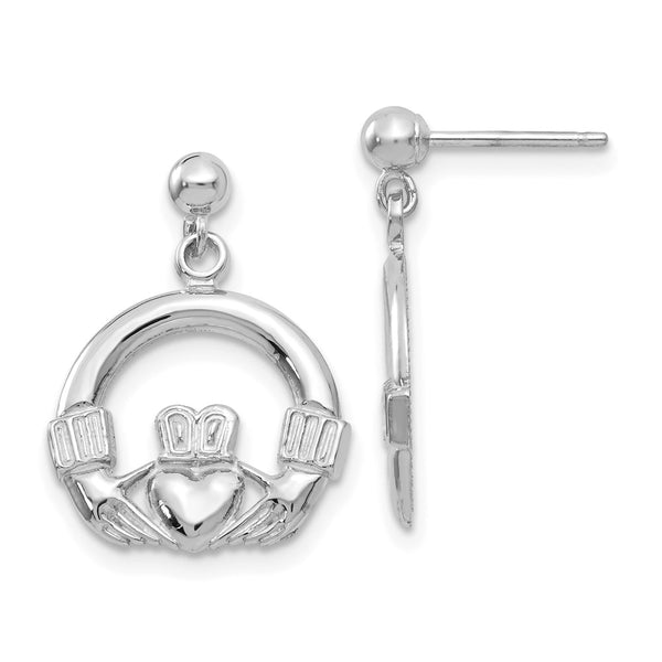 14k White Gold Solid Polished Flat-Backed Claddagh Earrings-WBC-K1530